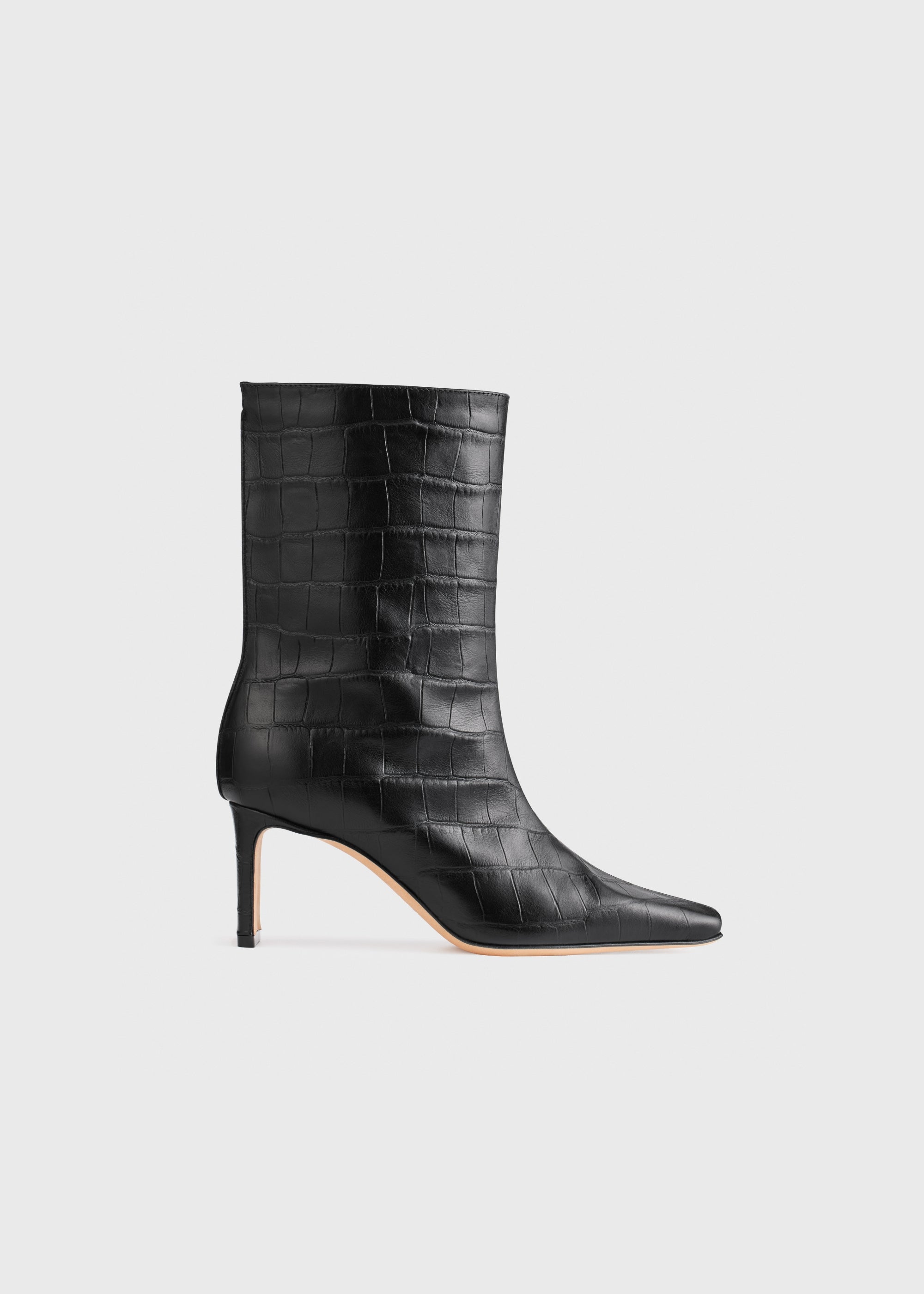 Olympe Mid Cut boot in black crocodile-embossed leather – front product shot on white background – KATT FORE